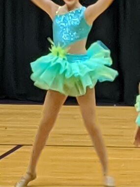 Kids Turquoise & Yellow Dance Costume with Feather Accent
